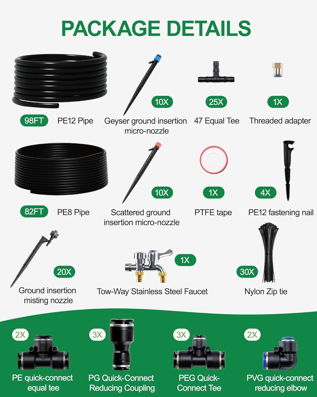Drip Irrigation System, Automatic Garden Watering System with 180FT 1/2” & 1/3” Tubing, Dual Faucet, Adjustable Nozzle Emitters for Garden, Greenhouse, Lawn, Potted Plants