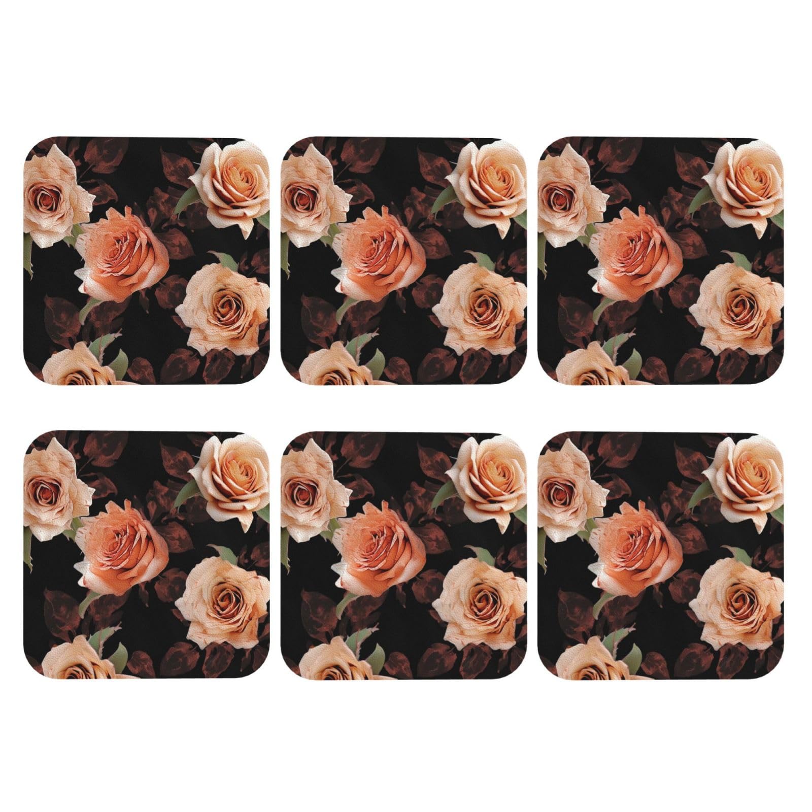 6pcs Leather Coasters for Drinks, Black Peach Rose Drink Coasters for Tabletop Protection, 4" Cup Coasters for Coffee Table Decor, Non-Slip Drinking Cup Mat for Hot Or Cold Drink
