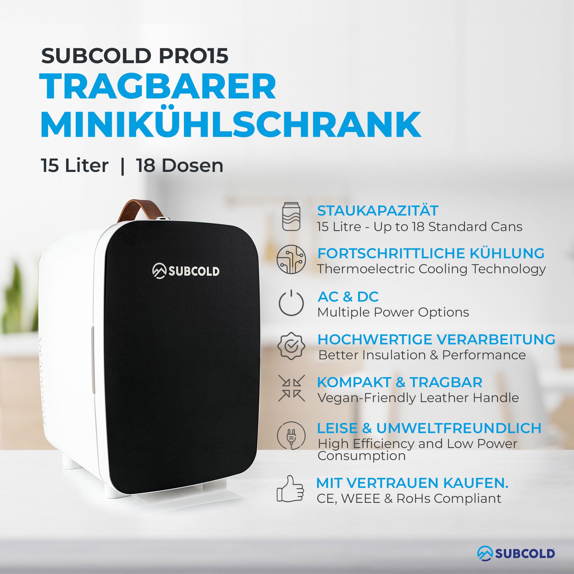 Subcold PRO15 Mini-Kühlschrank – Leise & energieeffizient, USB- & AC-betriebener kleiner Kühlschrank für Schlafzimmer, Auto, Büro & Reisen | Tragbarer Mini-Kühlschrank für Hautpflege, Beau | Schwarz