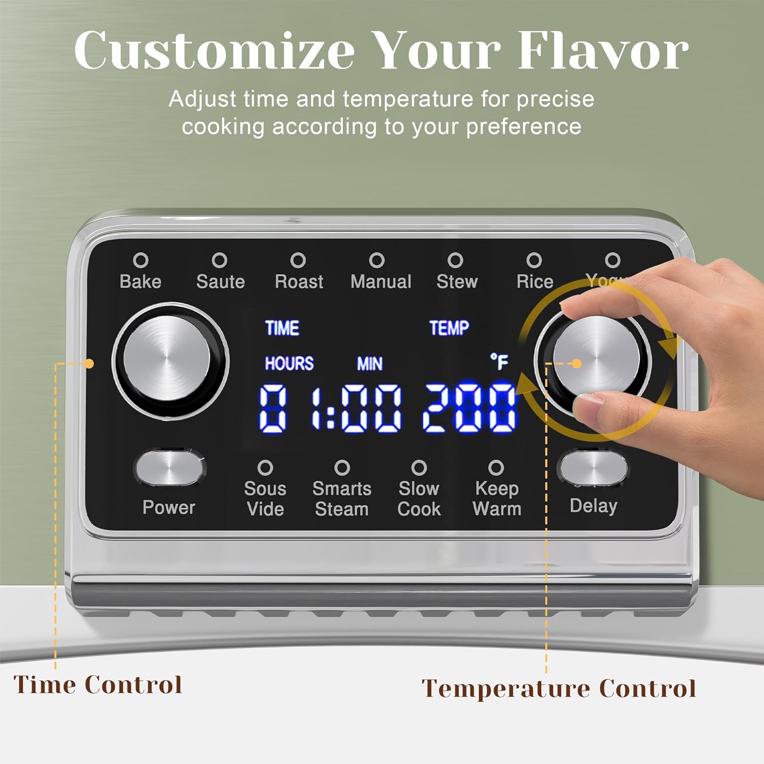 Close-up of the SUNVIVI multi-cooker's digital control panel with time and temperature knobs, and function buttons.