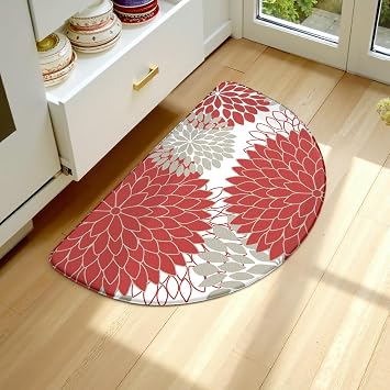 KIMODE Half Circle Kitchen Mats for Floor Cushioned Anti Fatigue Semi Round | Half Round,28"x18",Dahlia Boho,Red,Kitchen Rug Non Slip ,Waterproof Sink Floor Mat Carpet Decor for Laundry Bathroom