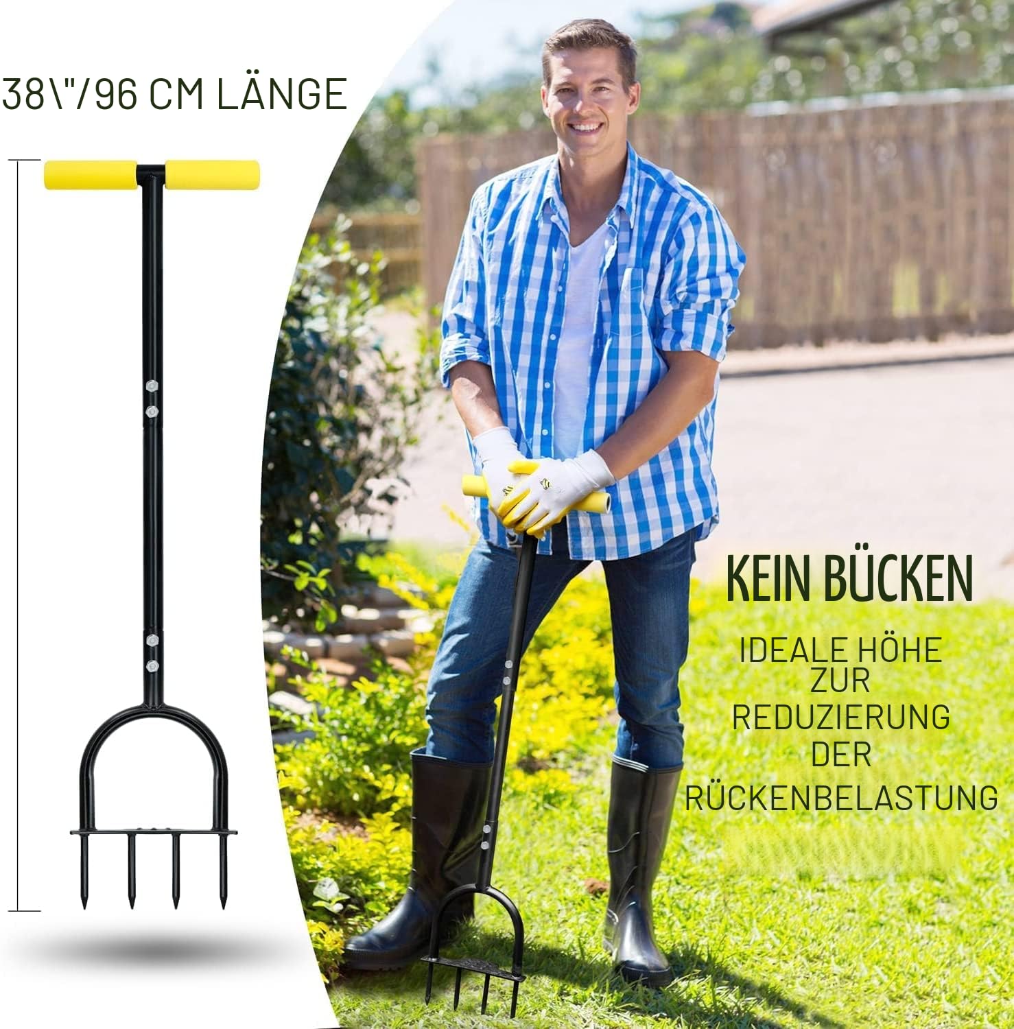 Colwelt Rasenbelüfter für verdichtete Böden und Rasenflächen, rutschfester T-Griff, mit vier 9 cm massiven Stahlspießen, 96 cm