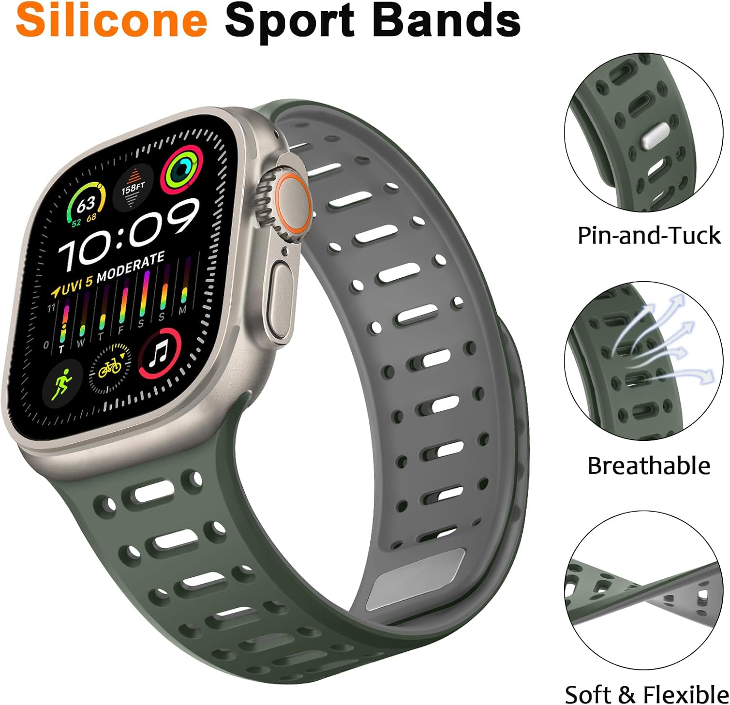 Compatible with Apple Watch Band 49mm 46mm 45mm 44mm 42mm 41mm 40mm 38mm, Magnetic Silicone Sport Breathable Strap for iWatch Ultra 3/2/1 SE3 Series 11 10 9 8 7-1 (49/46/45/44/42, Green/Gray) - Image 3