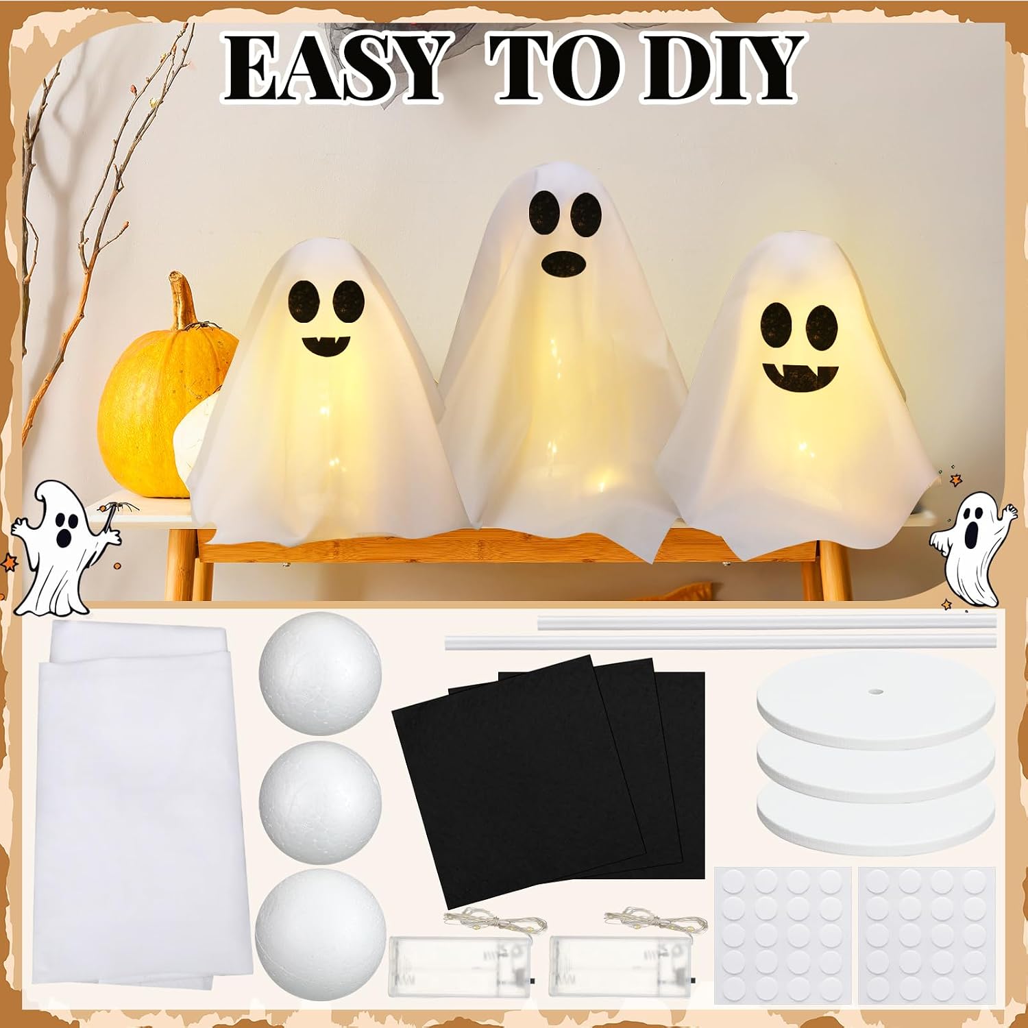 WinnerWhy 3 Set Halloween LED Ghost Decorations Indoor DIY Spooky Ghosts Crafts with 3 LED Light up Lighted White Cloth Ghosts for Halloween Party Kitchen Room Home Table image 2