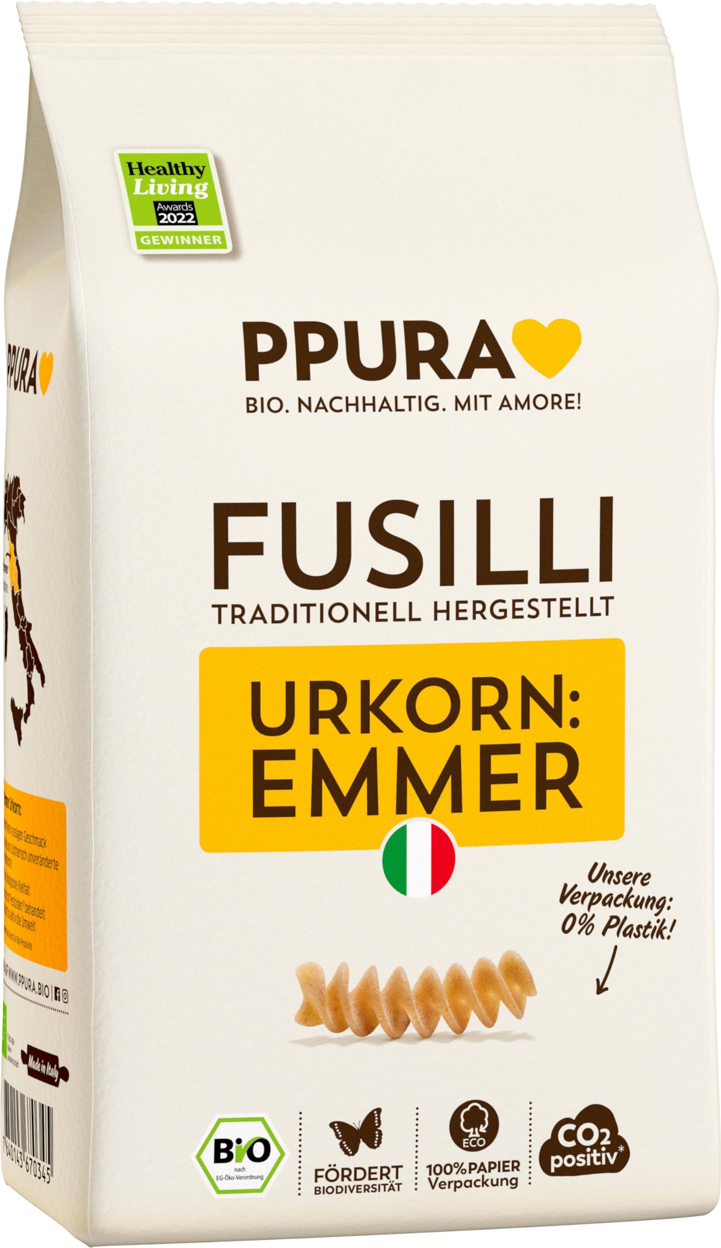 PPURA Bio Fusilli Emmer Pasta 500 g, 100% natürliche Spiralnudeln aus dem Urkorn Emmer, Made in Italy - italienische Nudeln ohne Zusatz-, Farb- oder Konservierungsstoffe