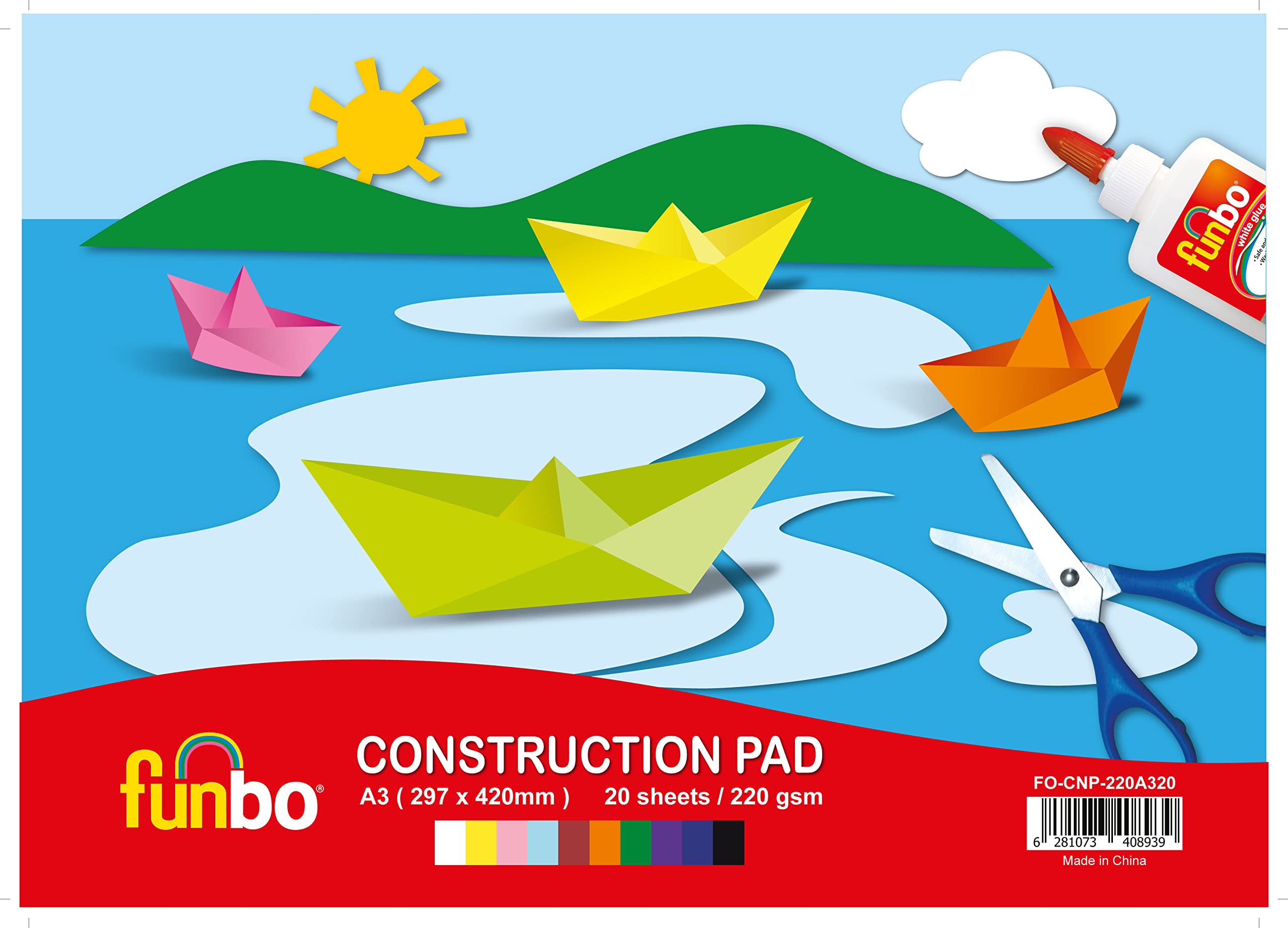 Funbo 220 gsm 20 Sheets Construction Pad, A3 Size, 10 Assorted Colours