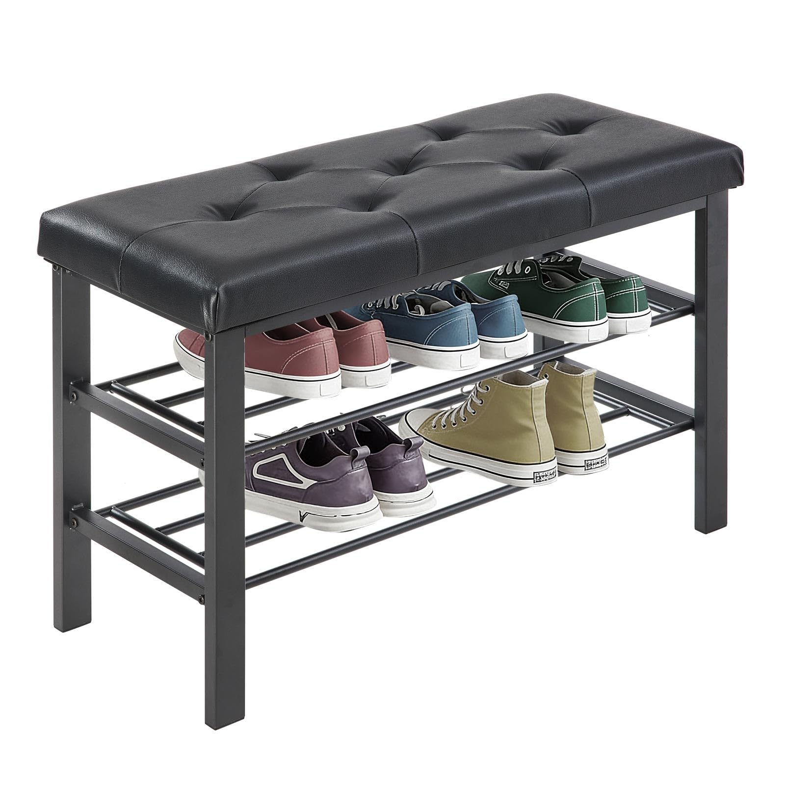 Sweetcrispy Schuhbank, Schuhregal mit 3 Ebenen, Schuhregal mit Sitzbank, 32 x 81x 50 cm, Sitztruhe, Kunstleder & Metallgestell, Schuhaufbewahrung für Wohnzimmer Eingangsbereich Flur, Schwarz