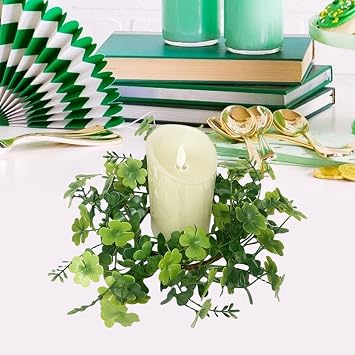 Artificial Shamrock Candle Wreaths for Pillar Candles 4 Inch Center Green Easter Rings Wreaths for Table St. Patricks Day Clover Candle Holder for Wedding Tabletop Kitchen Spring 1