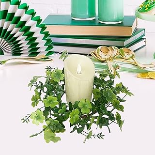 Artificial Shamrock Candle Wreaths for Pillar Candles 4 Inch Center Green Easter Rings Wreaths for Table St. Patrick's Day Clover Candle Holder for Wedding Tabletop Kitchen Spring (1)