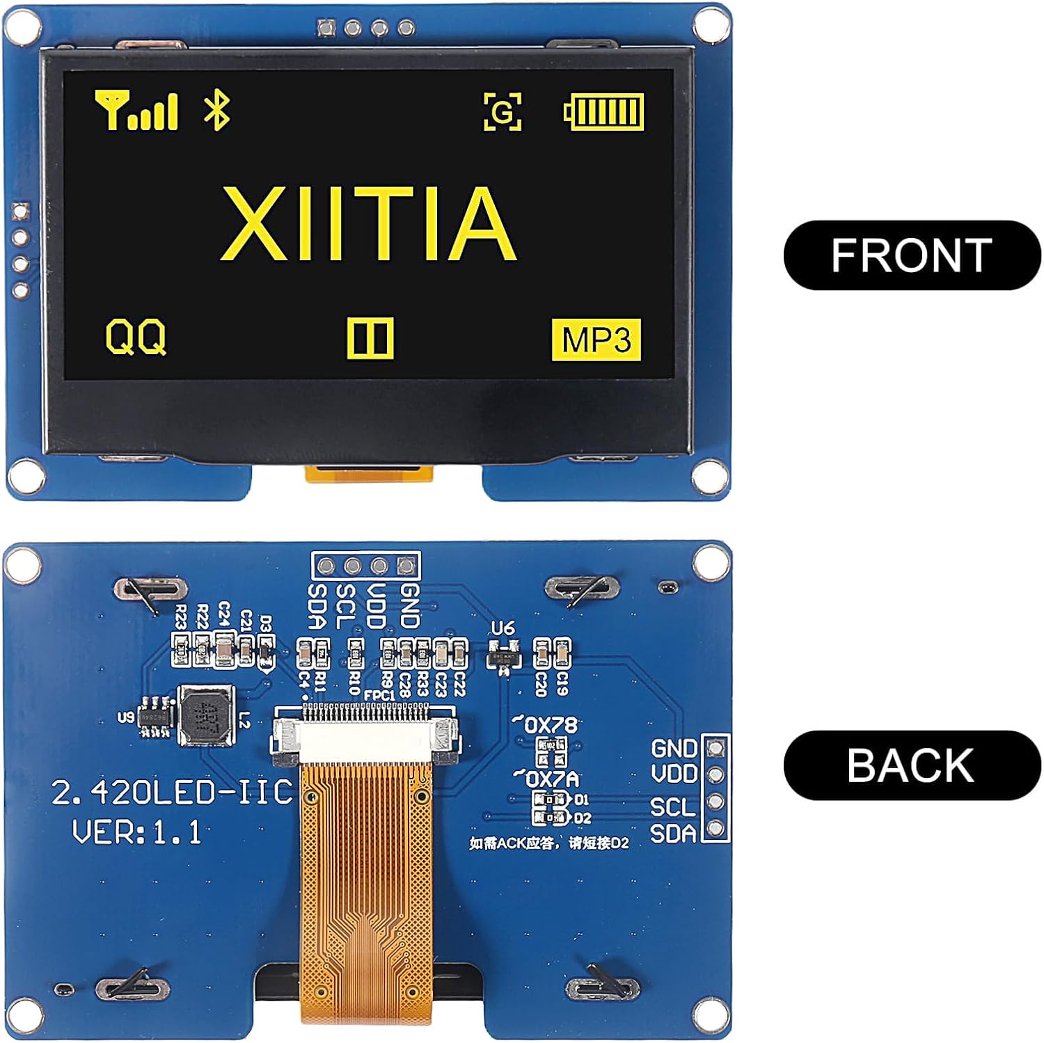 2pcs 4 Pin 2.42" SSD1309 128x64 OLED Display Module 2.42 Inch OLED LCD Display Module IIC I2C SPI(Yellow Light)