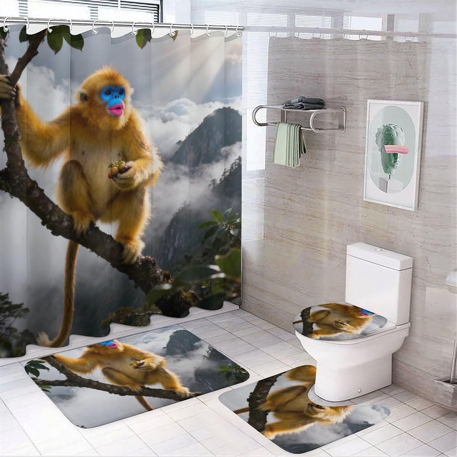 4 Piece Bathroom Rug Set with Shower Curtain, Non-Slip Bath Mat Toilet Cover Set, Golden Monkey Playing Bathroom Rug Sets