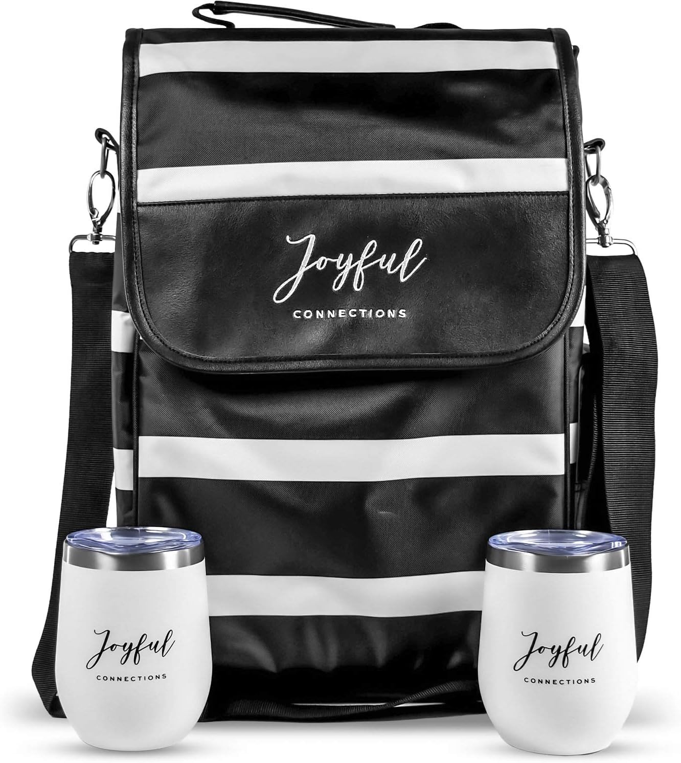 Joyful Connections Wine Carrier - Wine Cooler Bag - Wine Carrier Tote - Wine Travel Bags - Wine Glass Carrier with Two 12 oz Insulated Stainless Steel Wine Glass Tumblers with Lid