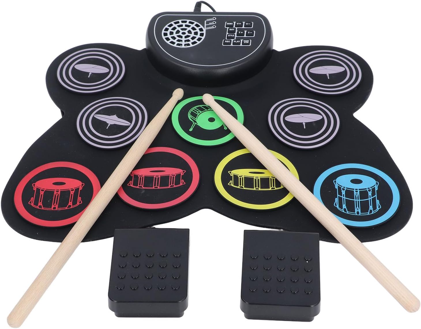 Portable Electric Drum Set, Roll Up Practice Drum Pad Built In Stereo Speaker 10 Standard Rhythms 7 Tones Multiple Power Supply for Travel