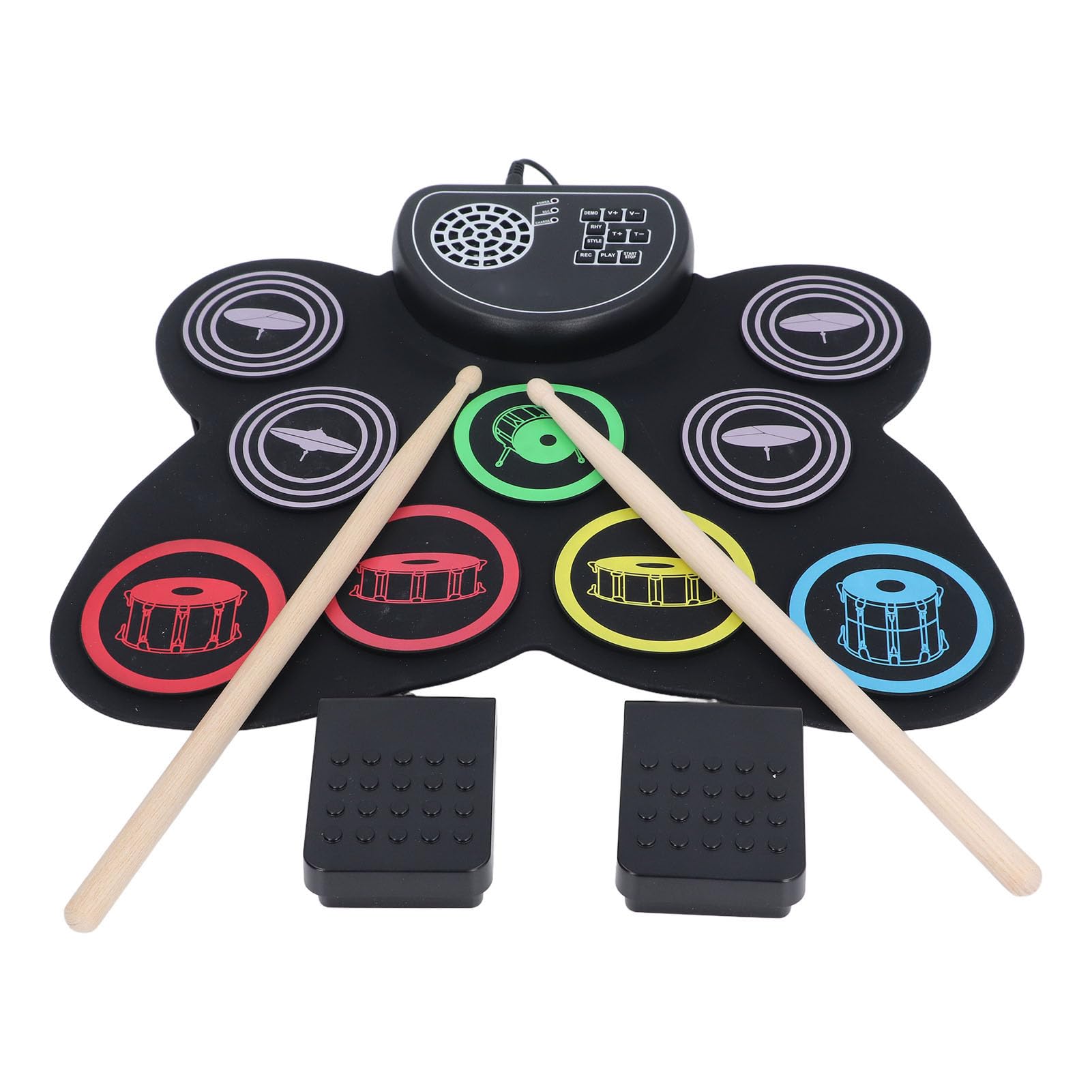 Batería Electrónica Enrollable, 7 Pads con Altavoz Incorporado y Grabación, Kit Portátil Recargable para Auriculares, for Práctica en Casa, Músicos Principiantes, Niños y Regalo Ideal
