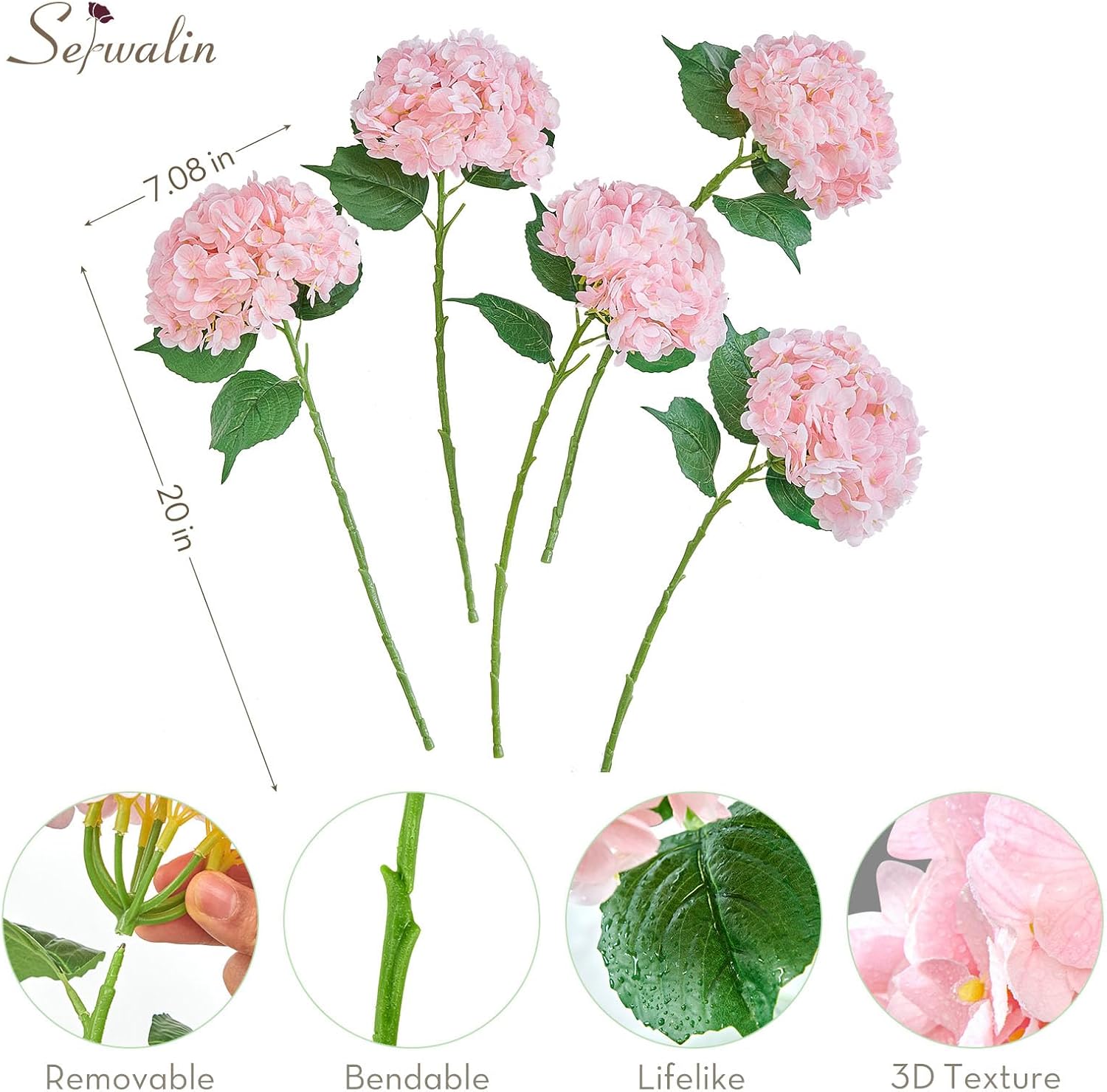 Serwalin 𝟱𝙋𝘾𝙎 3D Real Touch Hydrangea Artificial Flowers, 20in Lifelike Pink Latex Fake Hydrangea Flowers for Wedding Office Family Party Living Room Table Decoration (Pink) - Image 9