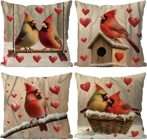 Juego de 4 fundas de almohada para el día de San Valentín de 18 x 18 pulgadas, juego de 4 fundas de almohada cardenales con corazones de amor,