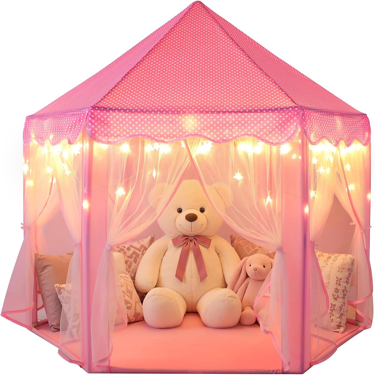 Tienda de campaña Princess Castle para niñas, tiendas de campaña de hadas para niños, casa de juegos hexagonal con luces de estrellas de hadas, juguetes para niños o niños pequeños, juegos en interiores o exteriores (rosa)