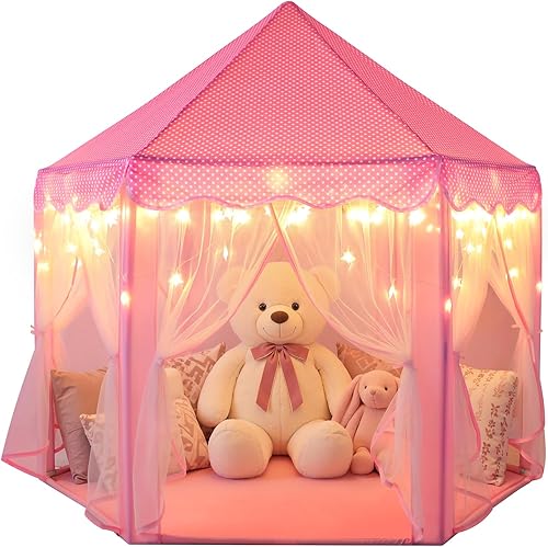 Miniatura 10 de Sumbababy - Tienda de campaña de castillo de princesa para niñas, tienda de campaña hexagonal, casa de juegos con grandes luces de estrella
