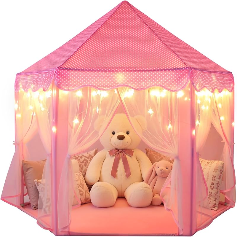 Tienda de campaña Princess Castle para niñas, tiendas de campaña de hadas para niños, casa de juegos hexagonal con luces de estrellas de hadas, juguetes para niños o niños pequeños, juegos en interiores o exteriores (rosa)