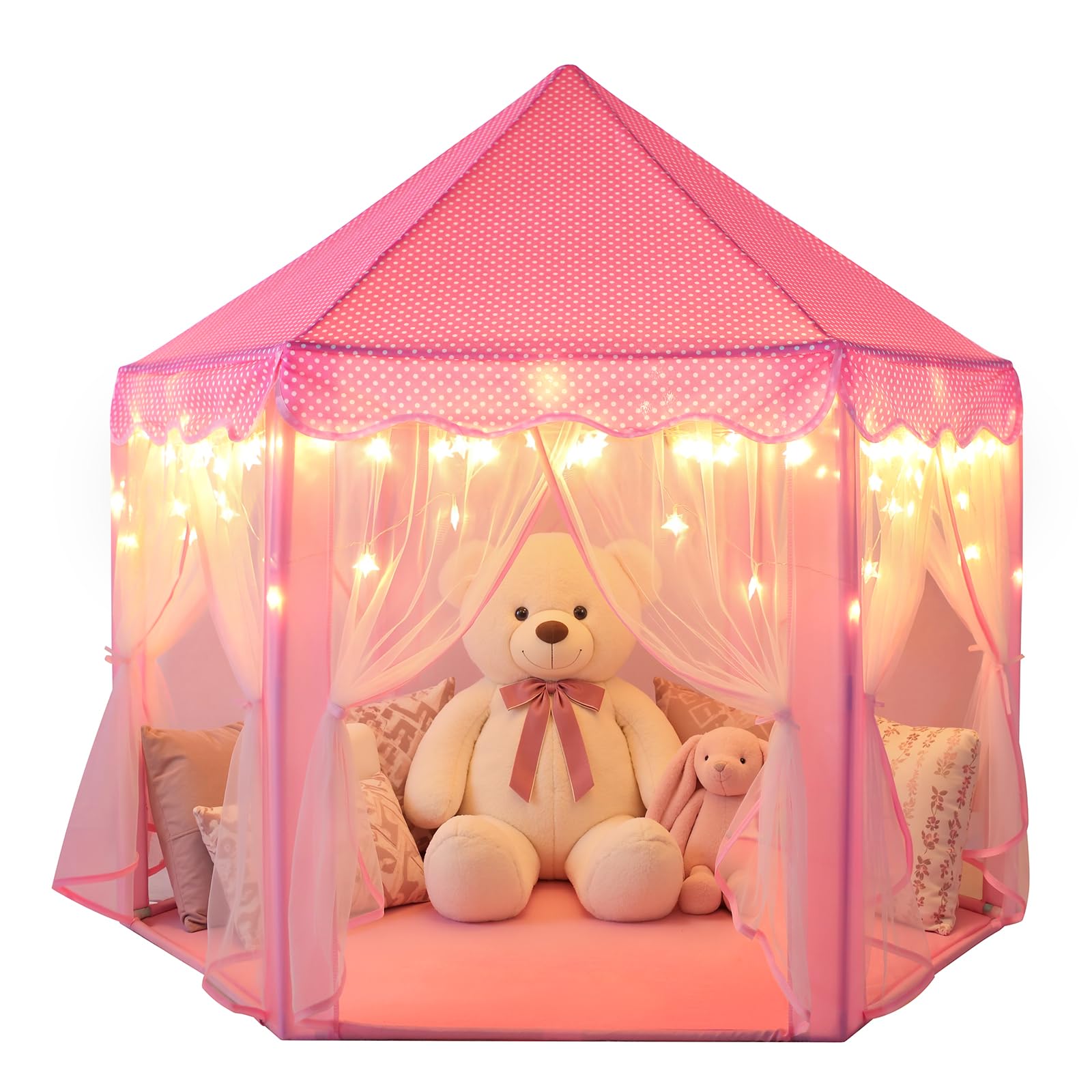 Sumbababy Princess Castle Tent for Girls Fairy Play Tents for Kids Hexagon Playhouse with Fairy Star Lights Toys for Children or Toddlers Indoor or Outdoor Games (Pink)