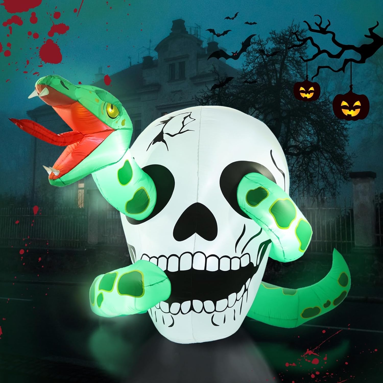 7FT Long Inflatable Halloween Decorations Skull with LED Lights Black-and-White Skull and Snake Blow up Creepy Yard Day of The Dead Decor for Party Holiday Outdoor Gerden