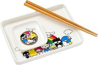 Silver Buffalo Sanrio Hello Kitty and Friends Badtz-Maru, My Melody, Pompompuring, Cinnamoroll, Keroppi, Tuxedo Sam, and Chococat Ceramic Sushi Set with Dipping Sauce Dish and Matching Chopsticks