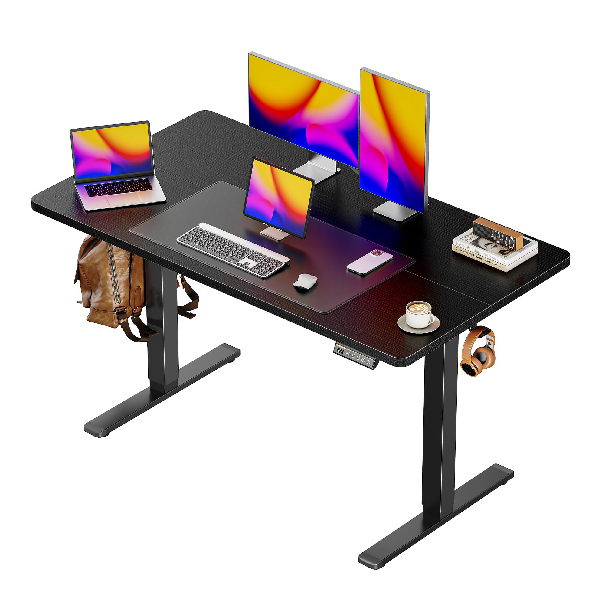 48 x 28 Large Electric Standing Desk, Height Adjustable Desk, 27.6" Deep Desktop, Stand up Gaming, 2 Hooks, 3 Preset Heights, for Home Office, Black