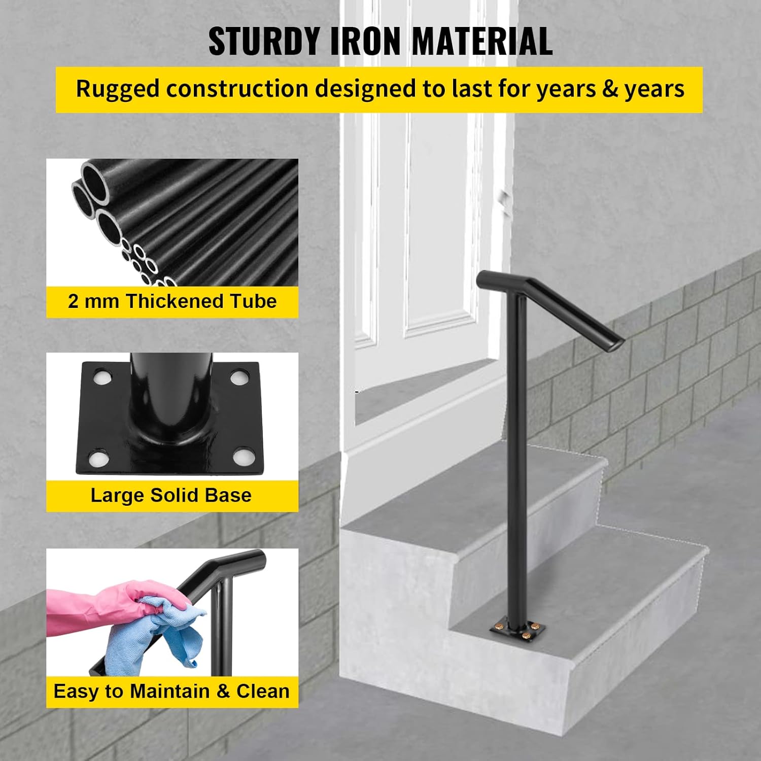 Black Friday 🔥 Happybuy Single Post 1-2, Black Steel Railing 441LBS Capacity Baking Varnish Metal Stairs Stylish Handrails for Outdoor Steps with Expansion Bolts & Drill Bit