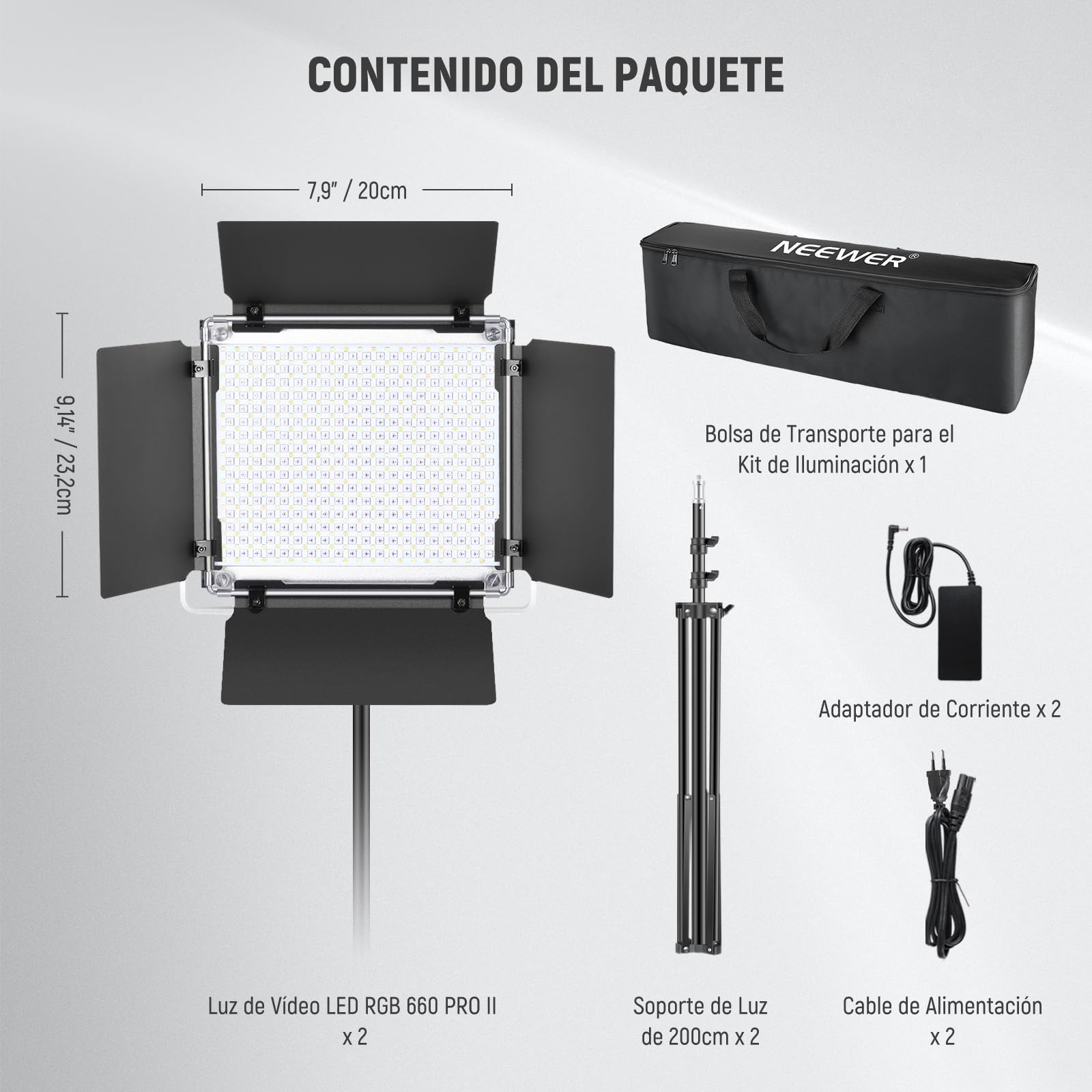 NEEWER Panel Luz de Vídeo LED RGB 660PRO II Mejorada con Control de App y Soporte, 2 Pack 50W Constantes sin Cambio de Color/1% de Atenuación Mínima Precisa/360°RGB/CRI97+/3200K~5600K para Fotografía