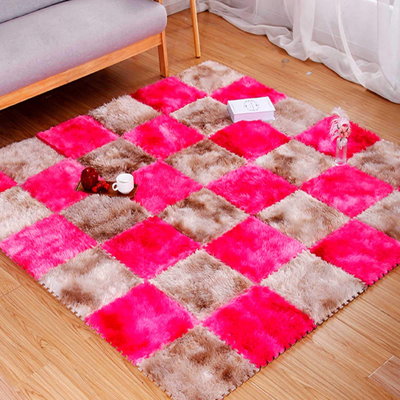 Tappetini da Gioco in Schiuma Eva, Tappetino Puzzle in Peluche Tie-Dye - Protezione del Pavimento, per Sala Giochi Yoga per Esercizi in Garage,Khaki+Pink,10