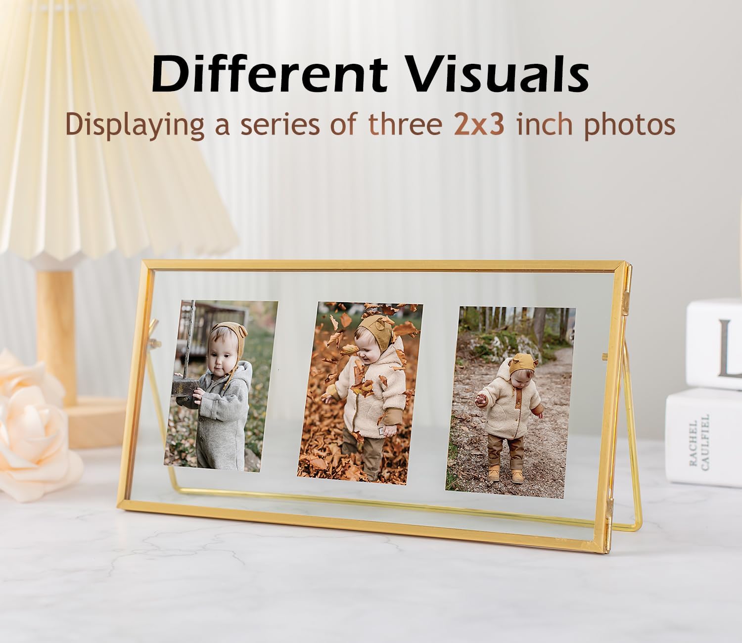 Gold Floating Picture Frame, Tempered Glass Floating Frames Fit for 3-Photo 2x3, Vintage Gold Collage Picture Frame for Tabletop Display (Horizontal)