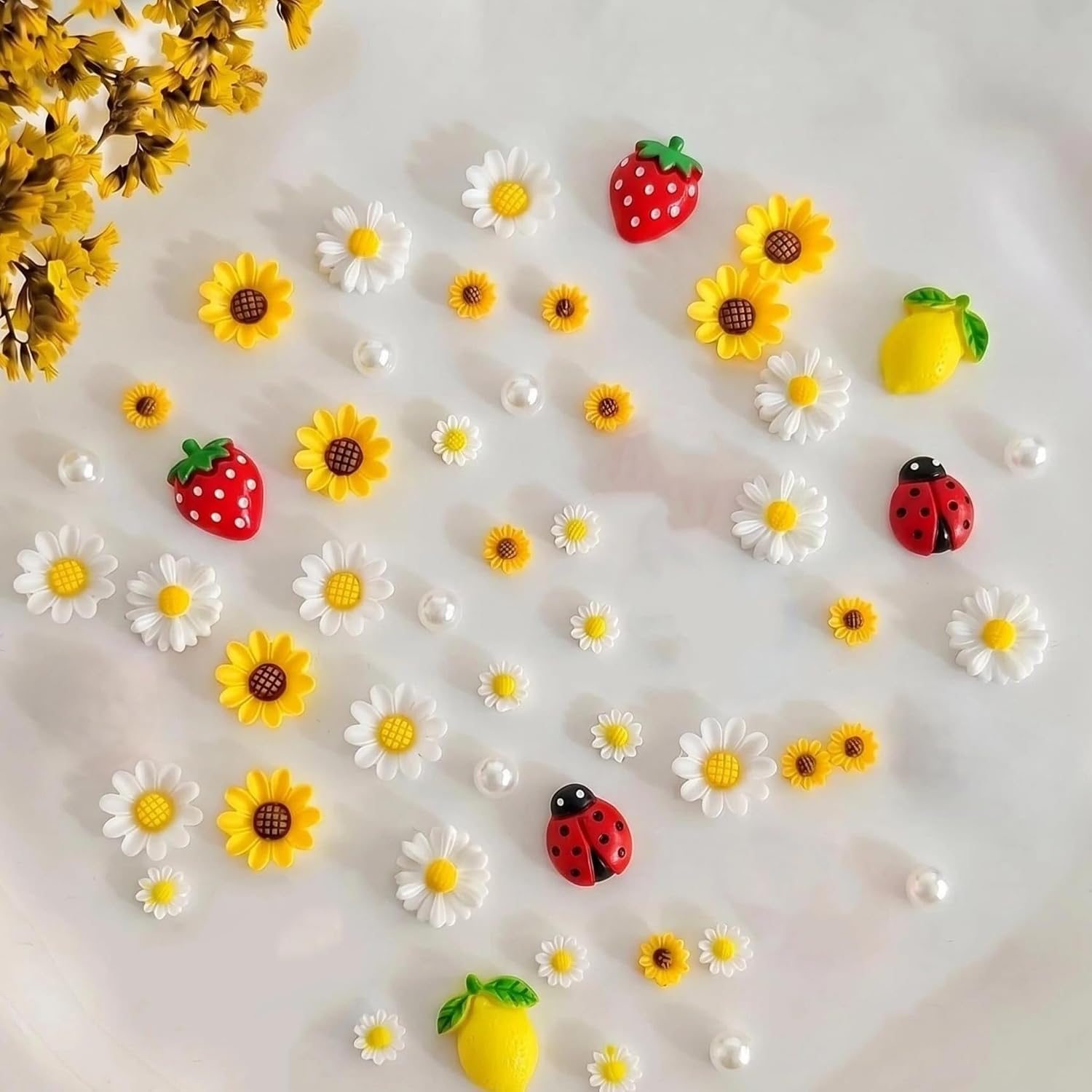 2 Boxes Cute Summer Nail Charms and Gems Small Resin Ladybug Bee Sunflower Nail Rhinestones Butterfly Fruit Flower Spring Summer Charms for Acrylic Nail Art Alloy Rhinestones for Women DIY Accessories