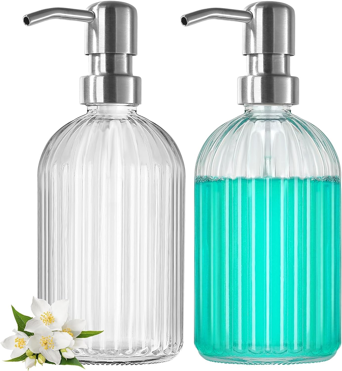 Luxansa Pack of 2 Clear Glass Soap Dispenser Refillable Liquid Hand Soap Dispenser Bottle Pump for Bathroom, Handwash Liquid Bottle, Glass Sanitizer Hand Dish Dispenser, Lotion Dispenser for Kitchen