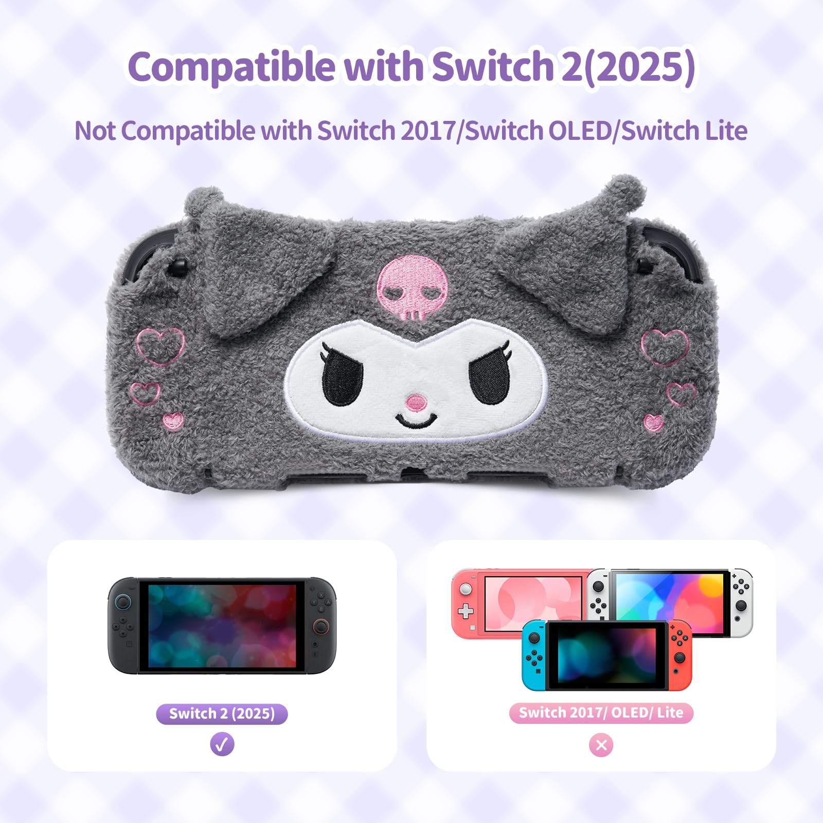 Kuitmor Cute Plush Protective Case Compatible with Switch 2 (2025), Anti-Scratch and Shock-Absorption Hard PC Shell Cover for Switch 2 Game Console and Joystick Controller - KLM - 2