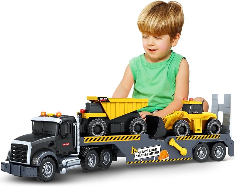 Toddler Boy Toys for 3 4 5 6 7 Years Kids, 21" Semi Construction Carrier Truck Toy with Excavator and Dump Truck, Friction Powered Toys with Lights and Sounds, Birthday for Boy Girls