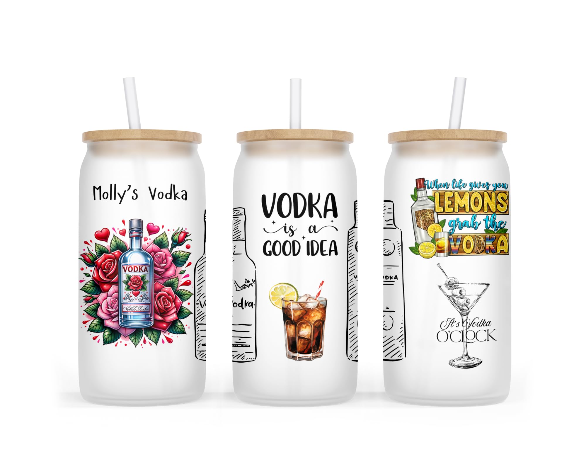 Personalised Frosted Glass Tumbler, 500ml, with Lid and Straw, Cocktail Design Collection, Birthday Gift (Vodka)