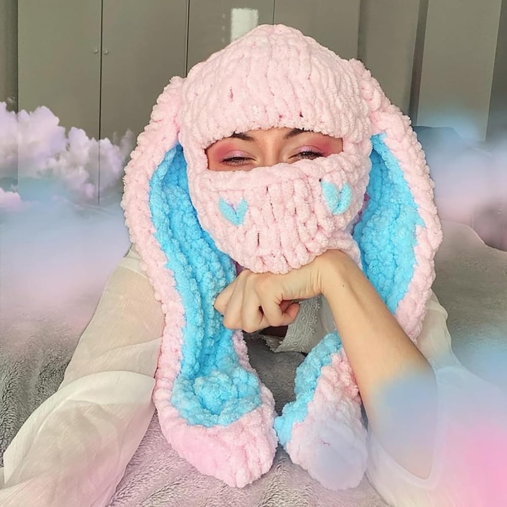 Cute Y2k Knit Balaclava Crochet Rabbit Face Mask Winter Warm Hats
