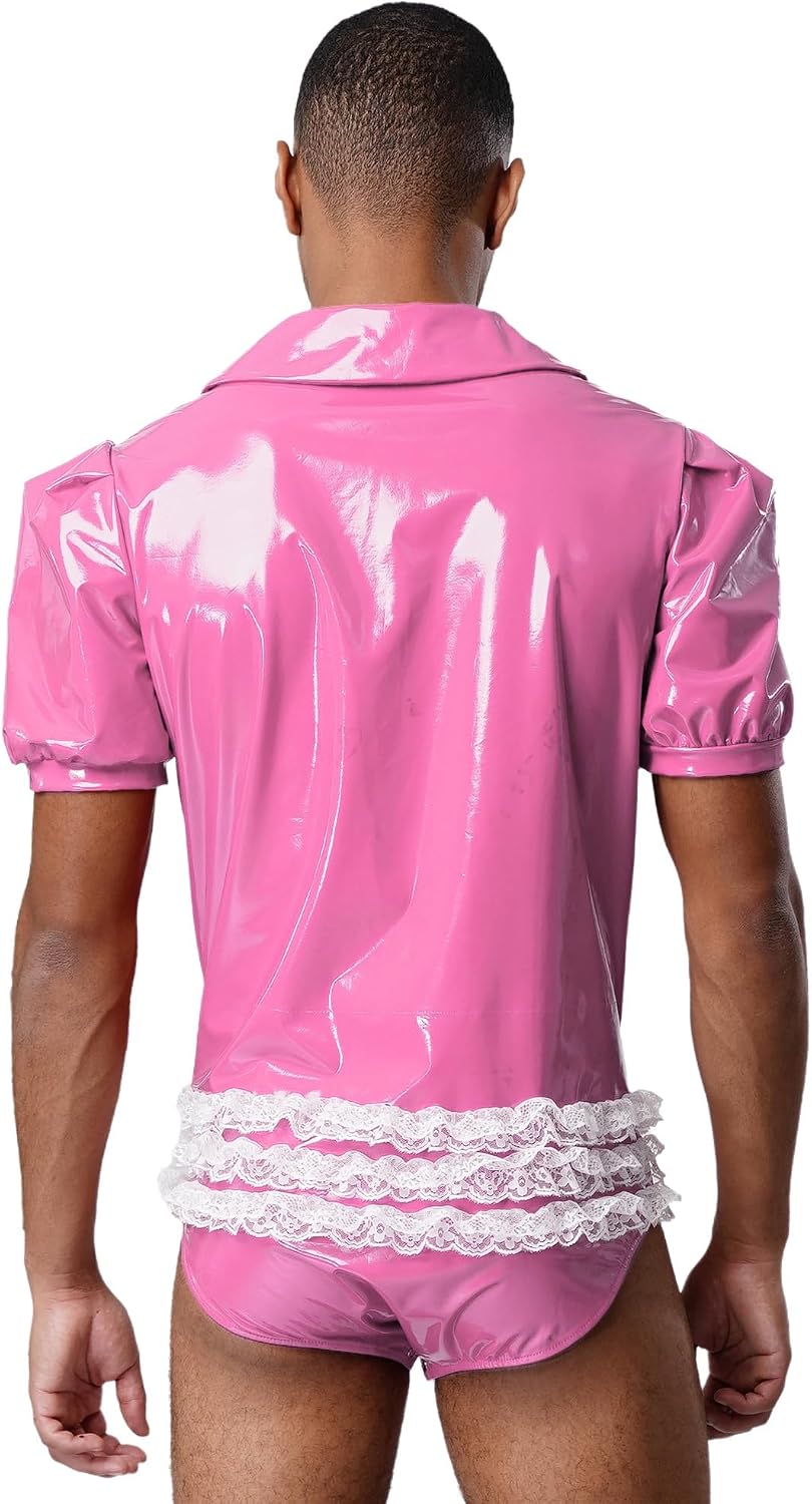 FEESHOW Men Shiny Leather Maid Cosplay Costumes Elastic Jumpsuit Zip Up Bodysuit For Rave Party