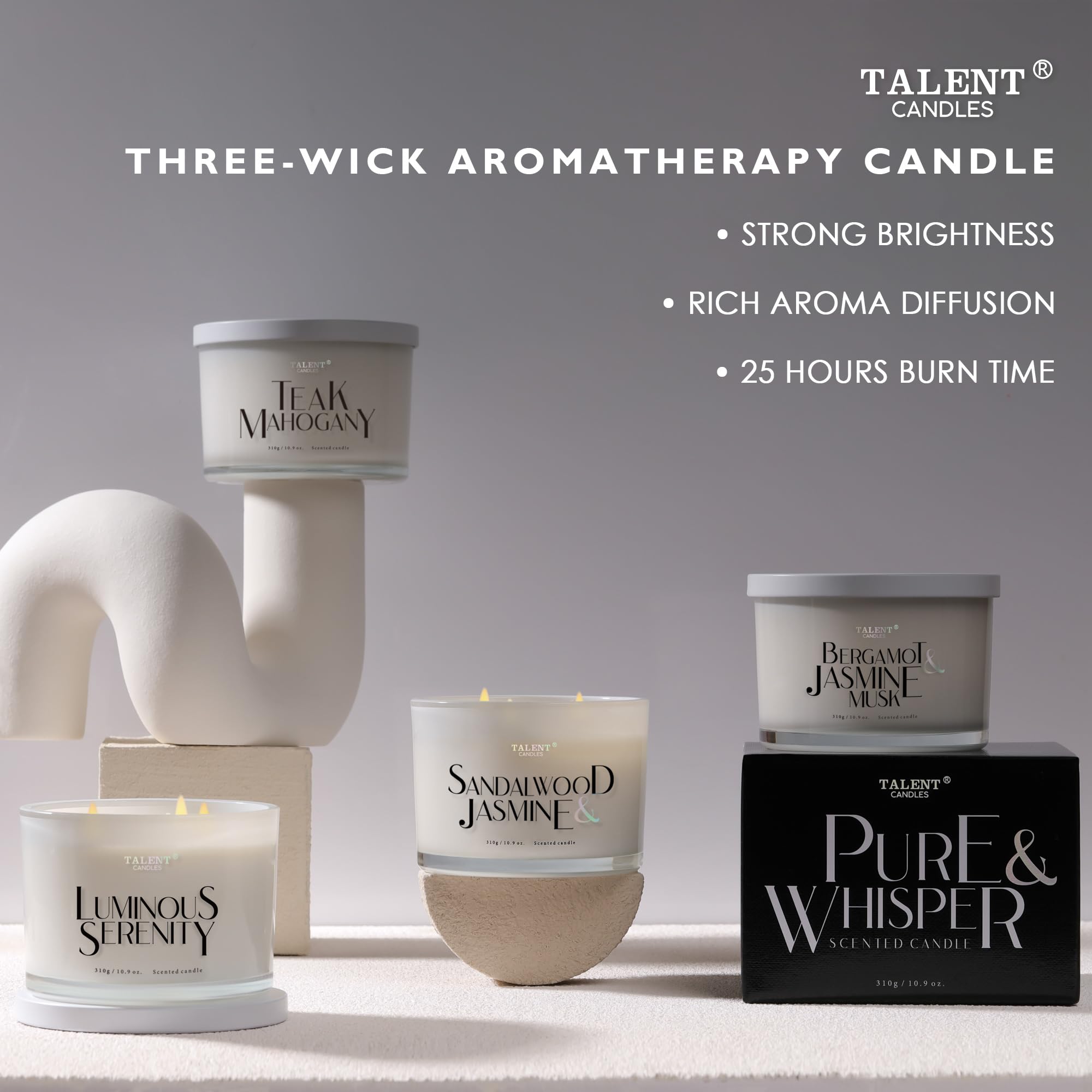 Vela perfumada, velas TALENT, cera de soja 100% natural, 3 mechas, vela perfumada regalos para mujeres y hombres, aromaterapia, vela en tarro de 10.93 oz, Sándalo y jazmín