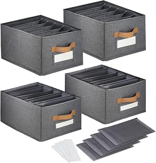 4pcs Wardrobe Clothes Organizer with Support Board,Jeans Organizer for Closet Storage,Foldable Washable Wardrobe Pants Organizer for Drawer With 5 Large Grid Removable Dividers for Jeans T-shirt Pants