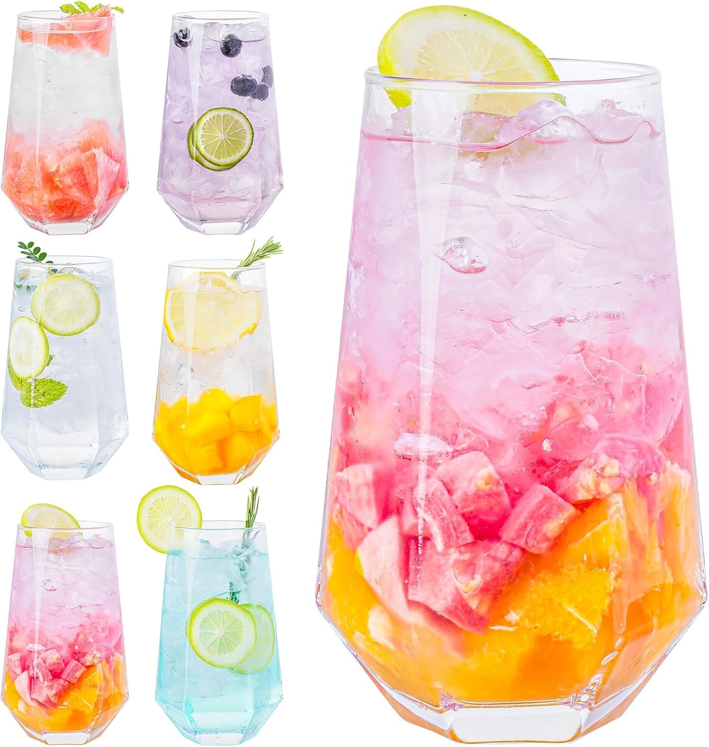 Highball Diamond Cocktails Glass Cups Set of 6 16 oz Clear Vintage Glassware for Mojitos and Beverages 6