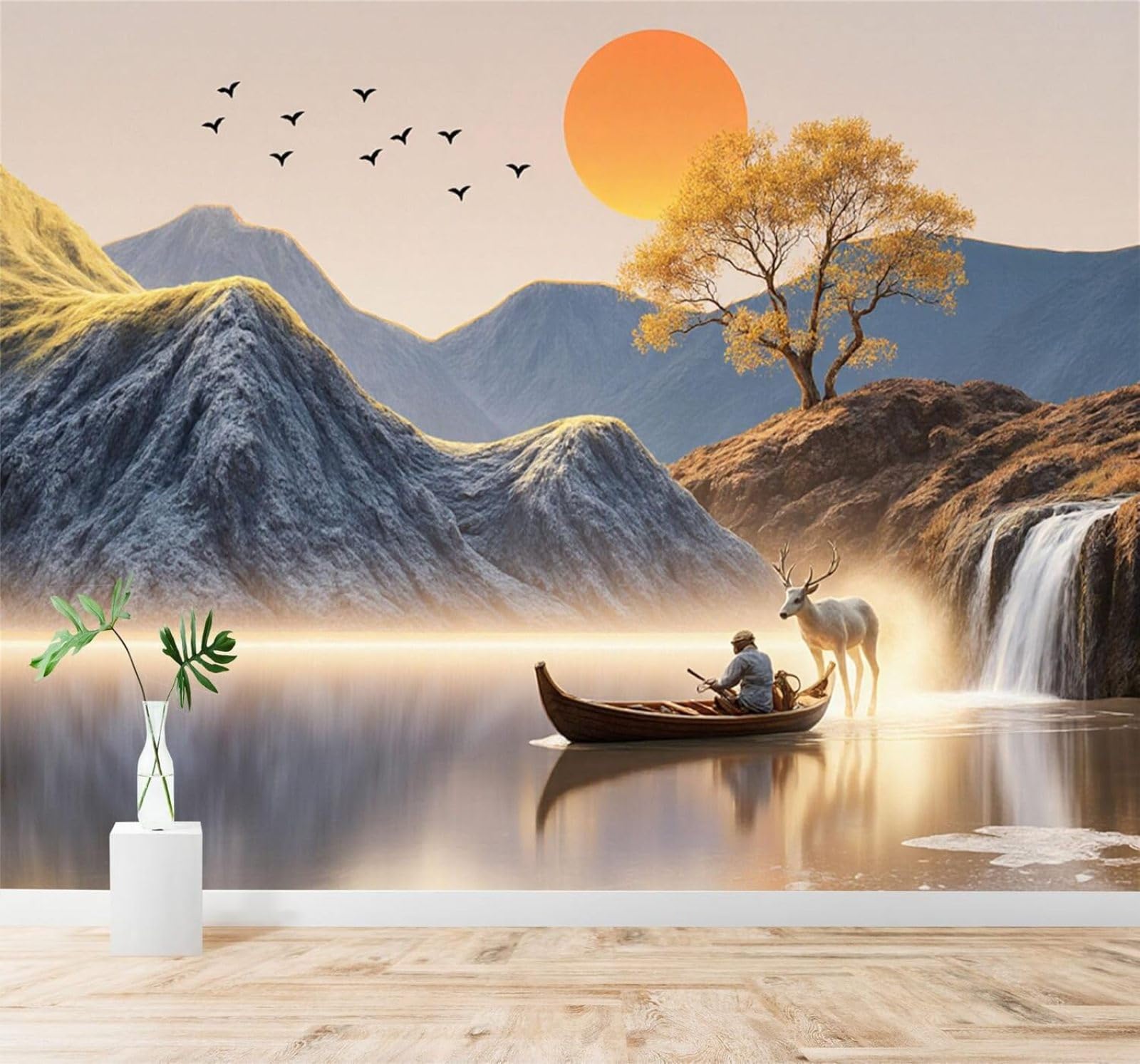 XLMING Sunrise Lake Mountains Waterfall Small Boat Deer 3D Wallpaper Silky Texture Home Study Office Grey Dining Room Sofa Bedroom Living Room TV Backdrop-350cm×256cm