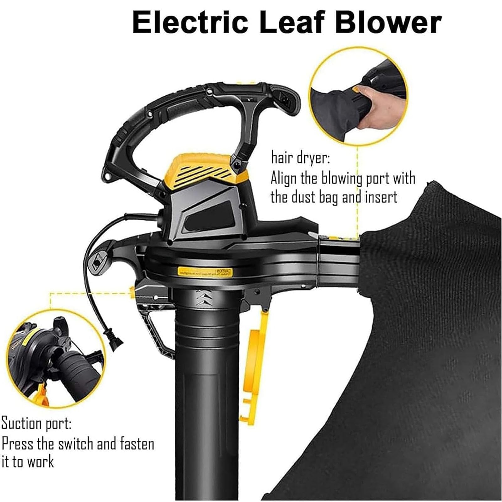 Soffiatore di foglie elettrico cablato 2-in-1, aspirafoglie trituratore
