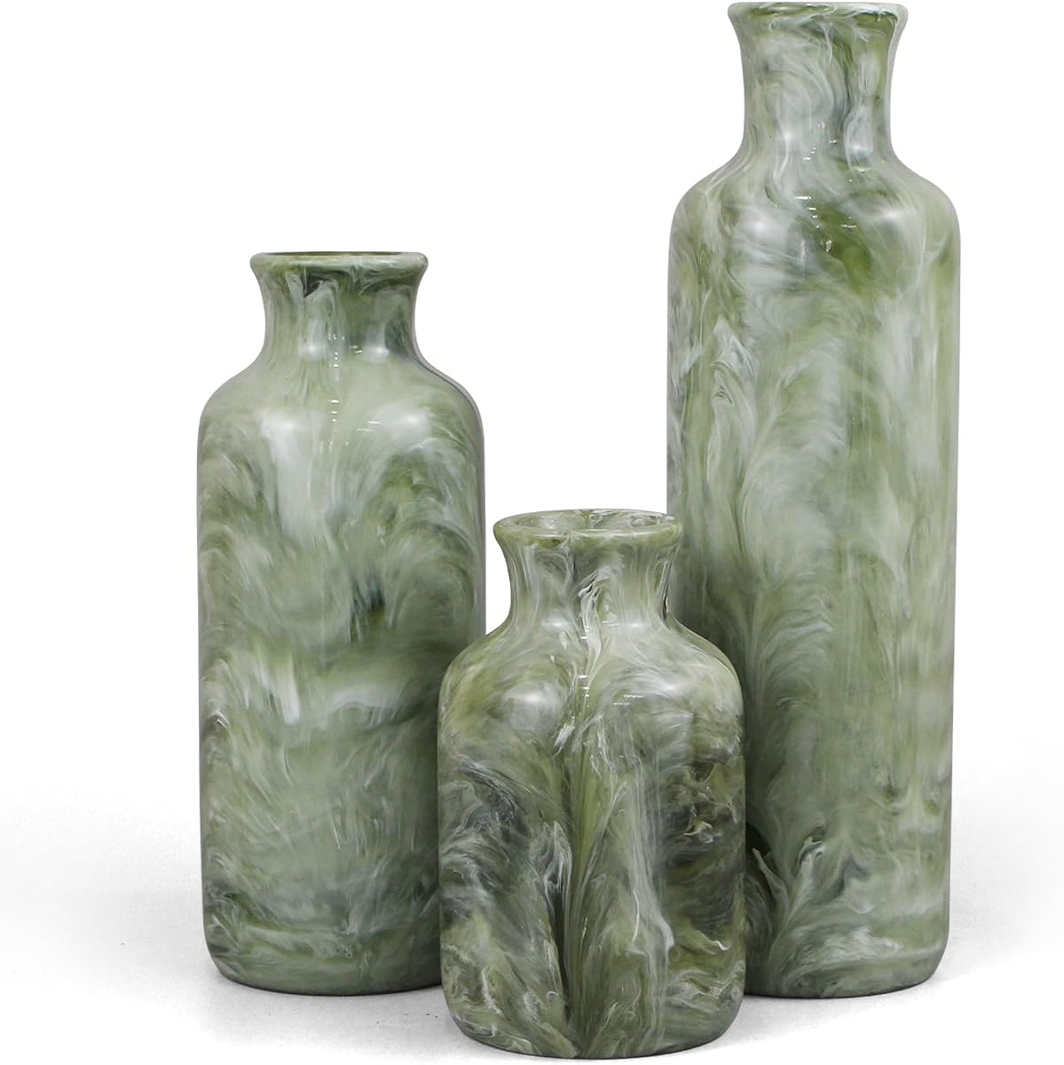 Resin 3 Piece Decorative Vase Set, Sage Green Farmhouse Home Decor | Rustic Vase Set of 3 Centerpiece, Mantel and Shelf Decor. Boho Style Vases for Kitchen Counter, Bedroom, Office, Living Room