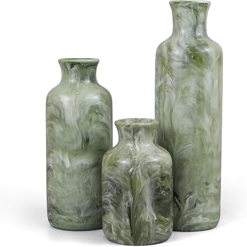 YMXYJM Resin 3 Piece Decorative Vase Set, Sage Green Farmhouse Home Decor | Rustic Vase Set of 3 Centerpiece, Mantel and Shelf Decor. Boho Style Vases for Kitchen Counter, Bedroom, Office, Living Room