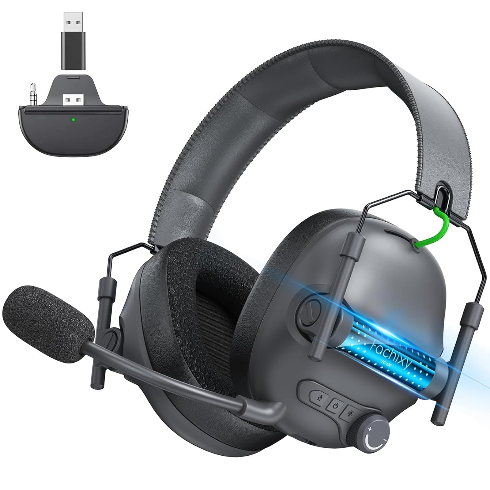 Fachixy FC400 Cascos Gaming Inalámbricos, 2.4GHz Bluetooth Auriculares Gaming Inalambricos para PS5, PS4, PC, Switch, Cancelación de Ruido de Baja latencia, luz LED, Duración 50Hr