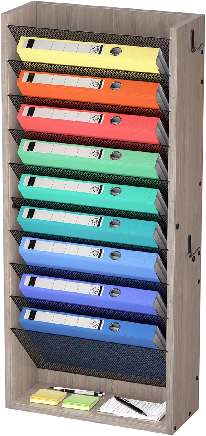 Creso hom Mail Organizer Wall Mounted, 11-Tier Hanging File Organizer with 4 Hooks, Wall File Holder for Papers, Folders, Documents, Bills, Magazines, Letters, Office&School Organization, Greige