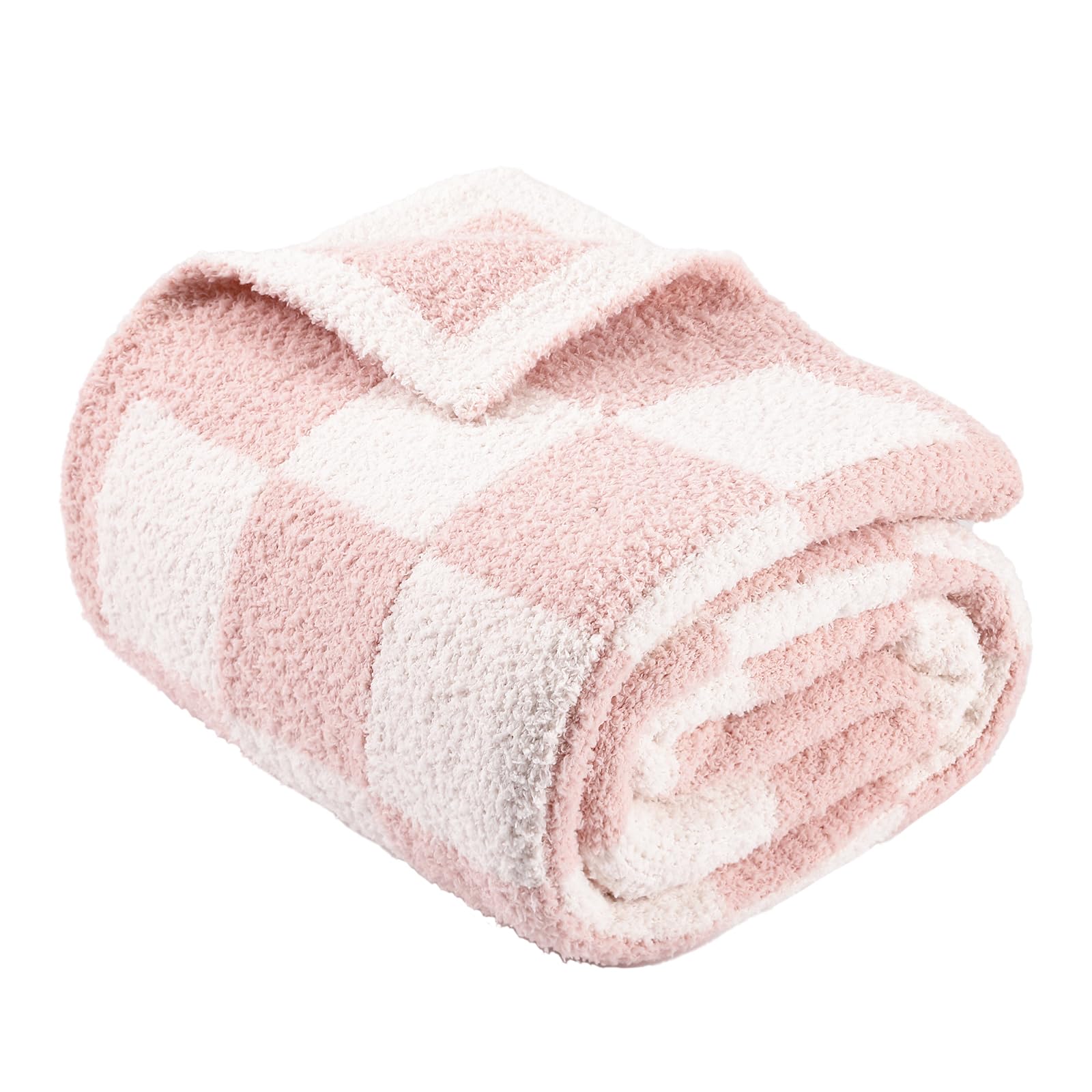 Vessia Knitted Throw Blanket for Adults, Soft and Warm Fluffy Pink and White Checkered Blanket for Couch, Sofa, Bed, Reversible Cozy and Fuzzy Knitted Blanket for All Season(50x60inch)