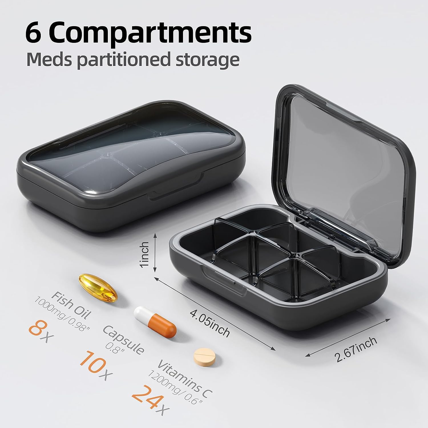 Portable Pill Box, Pill Organizer with 6 Compartments, Daily Medicine Pill Case, Pocket Size Pill Box for Travel, BPA Free Small Pill Container for Vitamins, Fish Oil, Supplements (Black)
