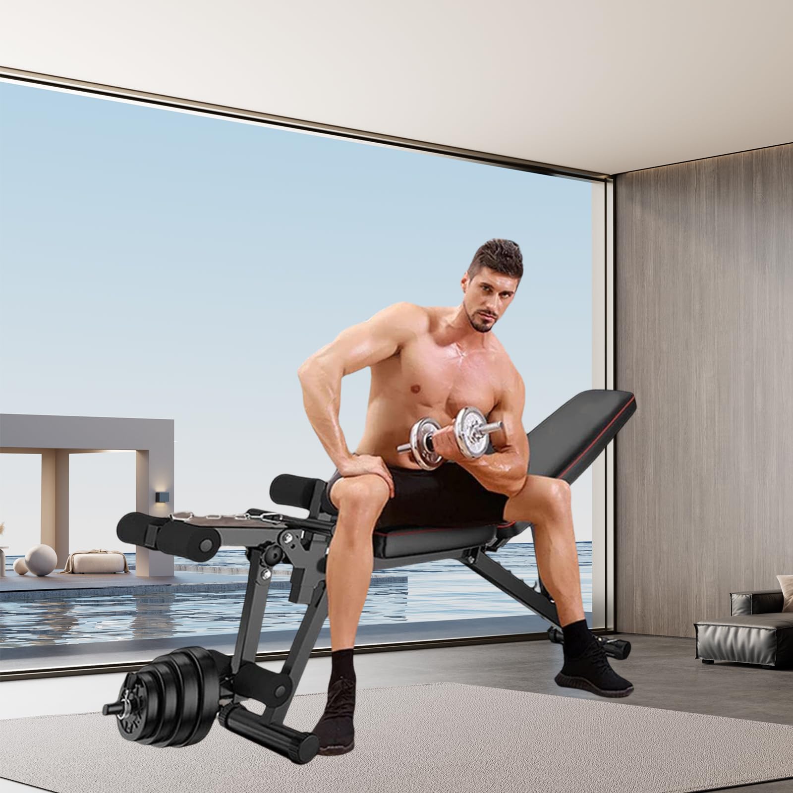 Panca Multifunzione Palestra Casa, Panca Palestra Pieghevole, Bench per Addominali con Leg Extension Leg Curl Pesi Schienale Regolabile in 4 Livelli Dischi per manubri non inclusi